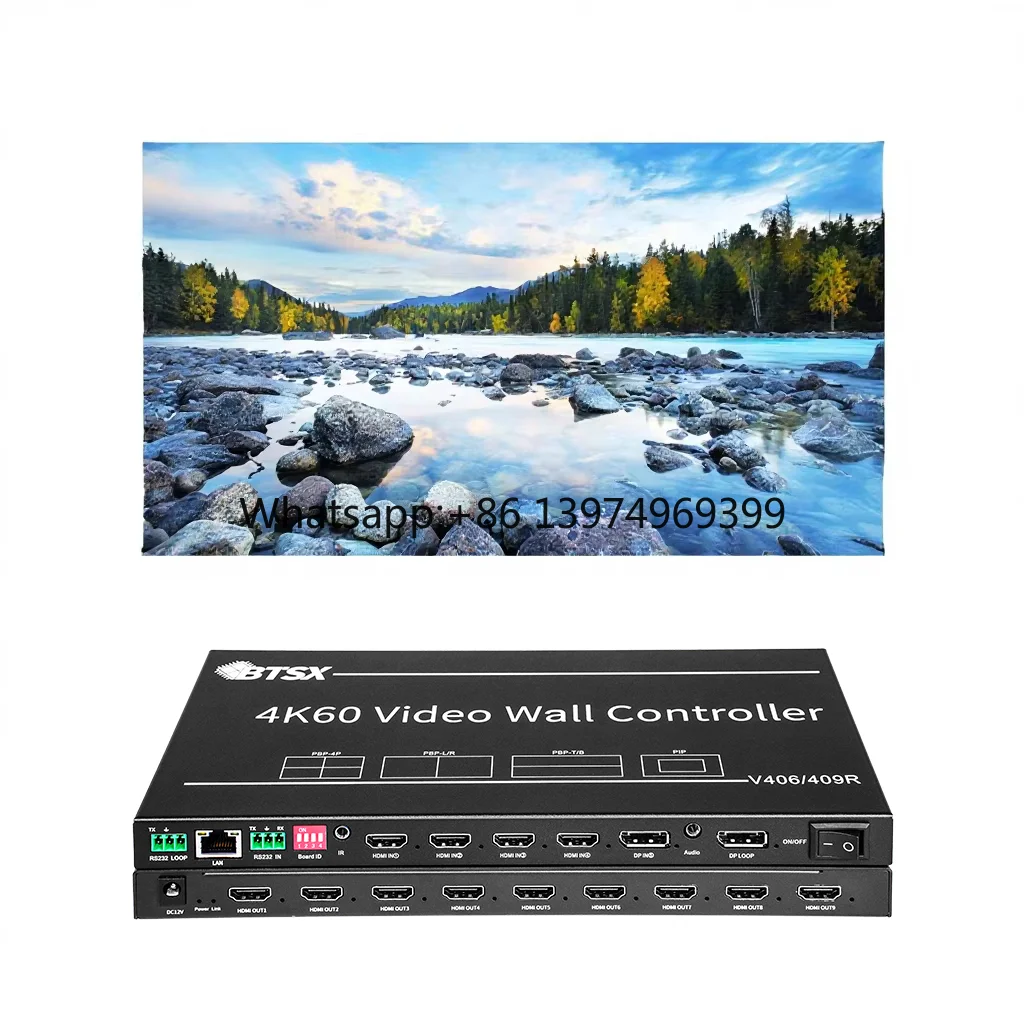 4K60 Rotary Video Wall Splicer 5 Input 9 Output HDMI DP 4-Window PIP 90/180 Degree Rotation RS232 for CCTV Advertising Display