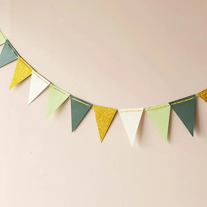 Sage Green Gold White Paper Pennant Party Decorations Triangle Flag Bunting for Jungle Safari Wild Woodland Birthday Party Decor