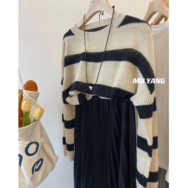 여성용 라운드 넥 긴팔 루즈 풀오버 상의, 스트라이프 할로우, 스위트 시크, 소프트 니트 스웨터, Y2K, 트렌디 대비 색상