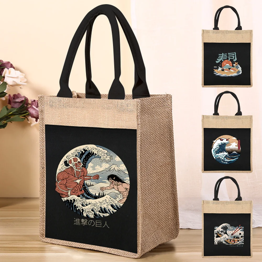 

Reusable Linen Shopping Bag Women's Tote Grocery Shopping Bag Wave Pattern Print Convenient Picnic Bag Supermarket