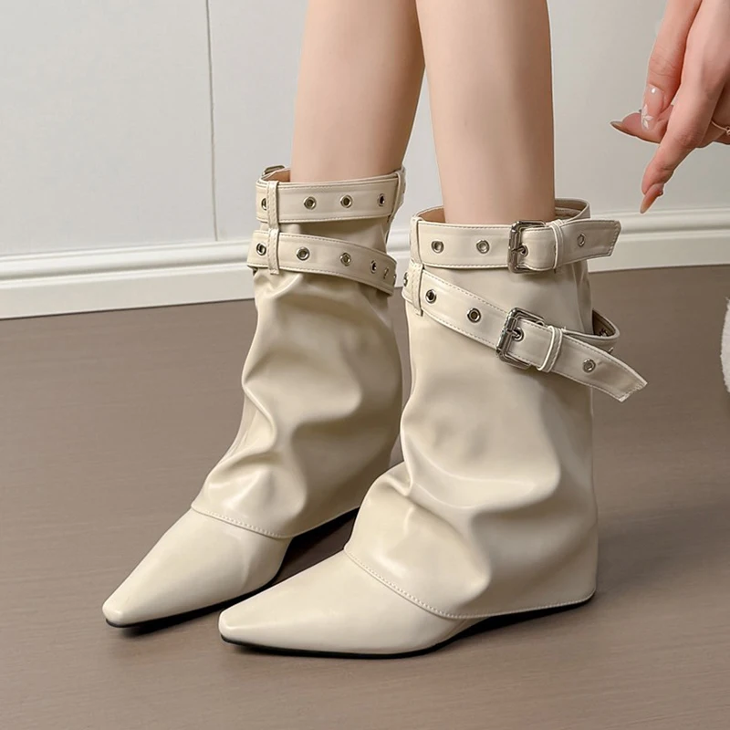 Mid Calf Women's Boots Wedges Shoes 2026 Autumn Woman Pointed Toe High Heels Leather Boots Buckle Pumps Walking Mujer De Botas