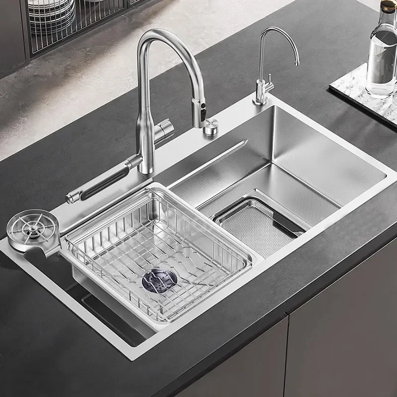 4MM Thickened 304 Stainless Steel Kitchen Sink Large Single Slot Double Filtration Durable Vegetable Washing Basin with Slag