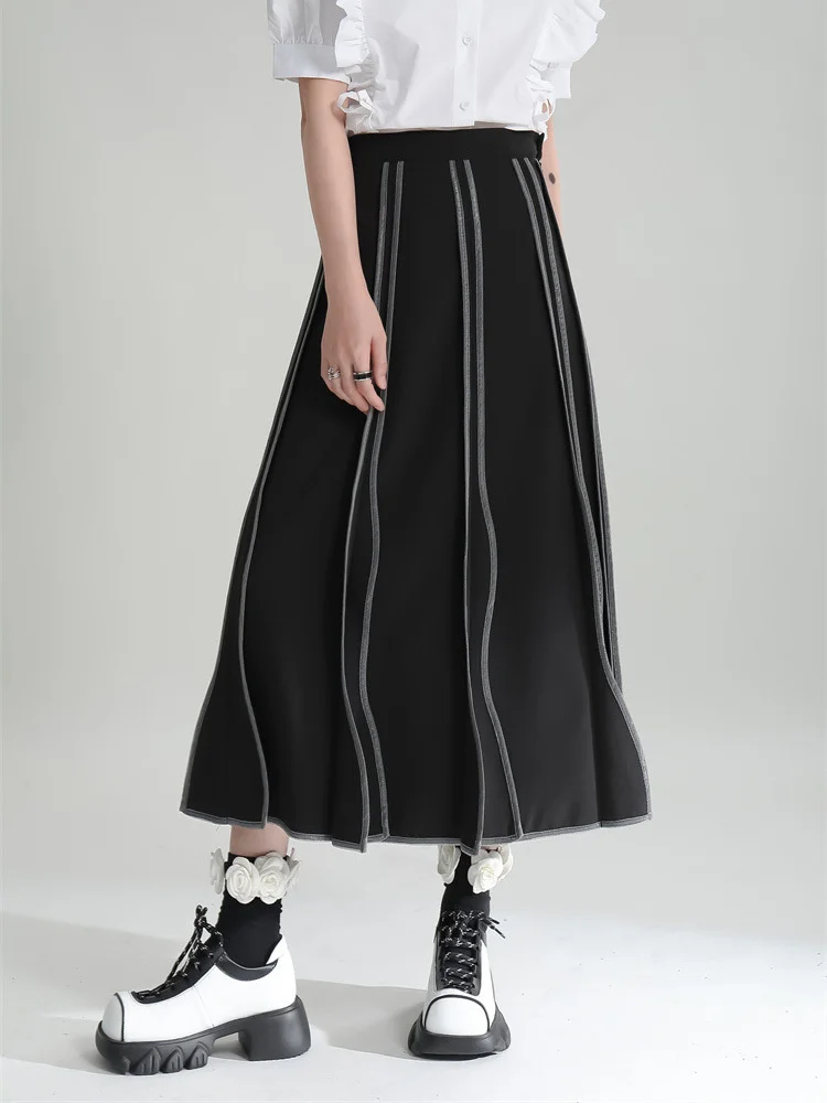 High Elastic Waist Black Striped Pleated Long Vintage Half-body Skirt Women Fashion Tide New Spring Autumn 2022 N601