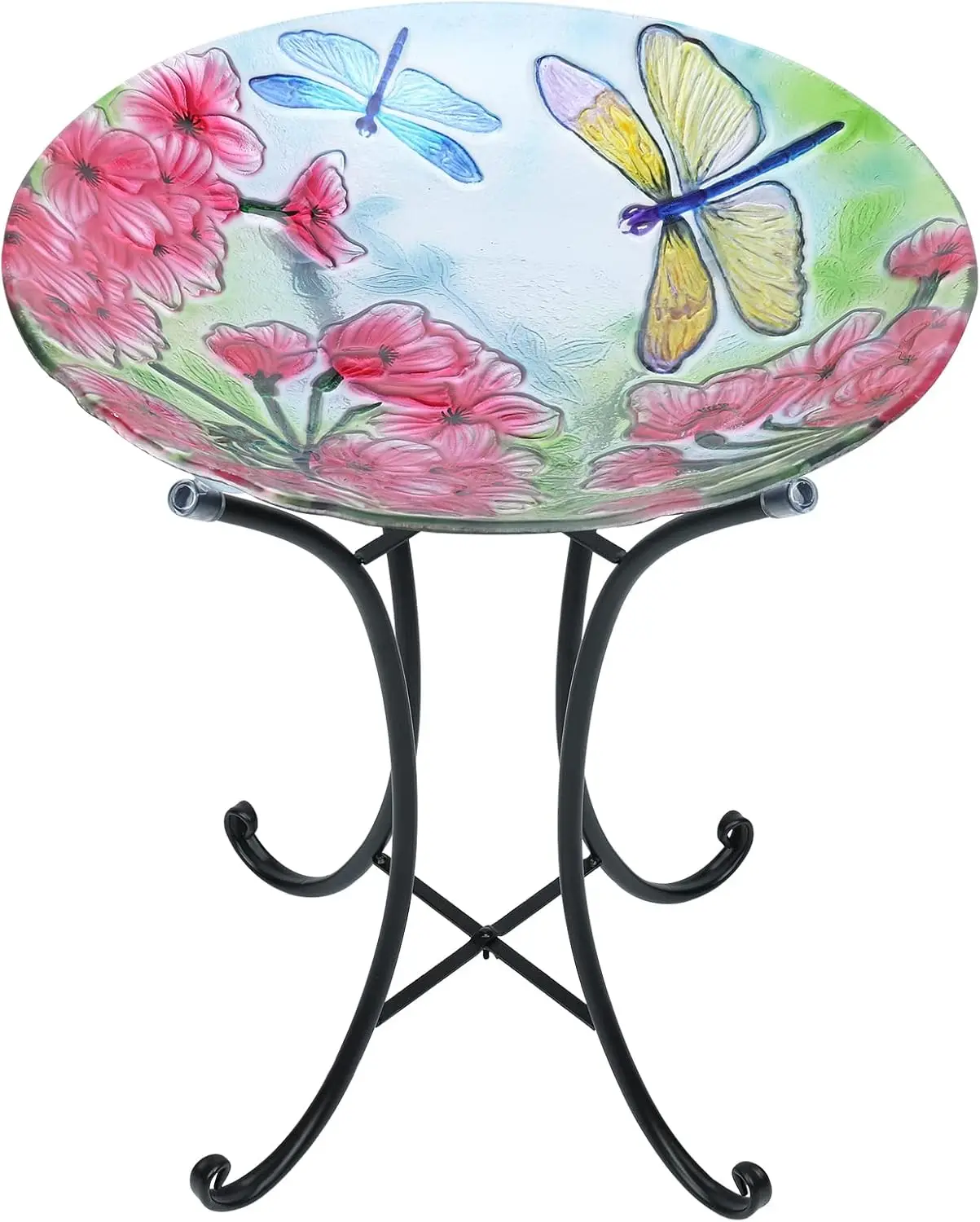 

Dragonfly Large Bird Bath Bowl with Metal Stand, Glass Outdoor Garden Decor for Birds
