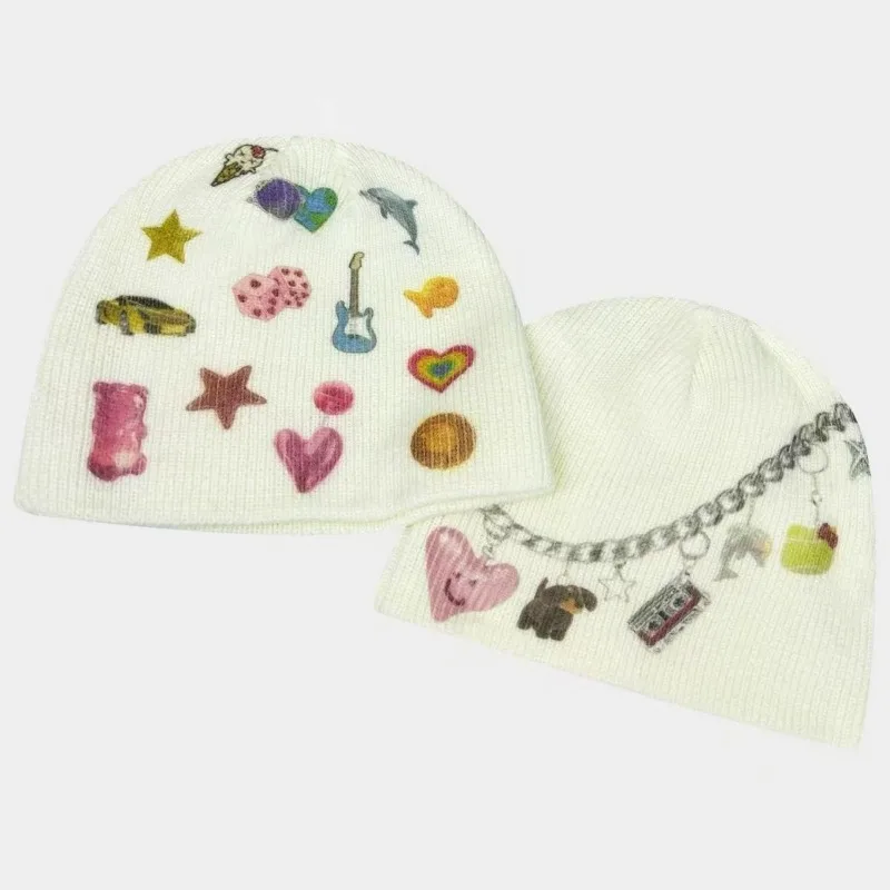 Japanese Subculture Cute Design Knitted Hats Autumn Winter New Kawaii Graffiti Printed Hat Lady Street Sweet Knitted Hat