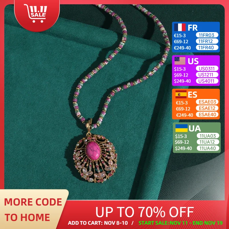 

Bohemian Jewelry Vintage Rose Red Accessories Woman Necklace Natural Stone Leaf Hollow Beaded Chain Pendant Charm Antique 2025