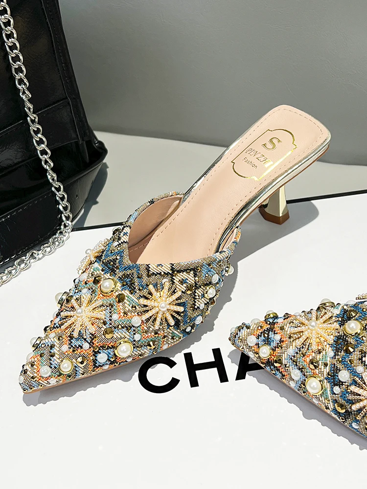 Women's Summer Pearl Embroidered High Heels Sandals Water Diamond Half Slippers Rivet Buckle Strap Chic Stylish Footwears
