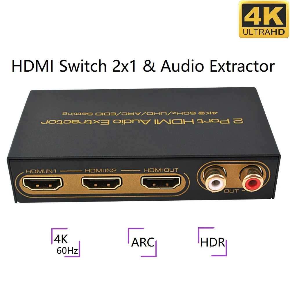 4K60Hz HDMI-compatible Audio Extractor 2 Port Switch 2x1 UHD ARC EDID Setting SPDIF 5.1 2CH Audio Output for Apple TV Fire TV