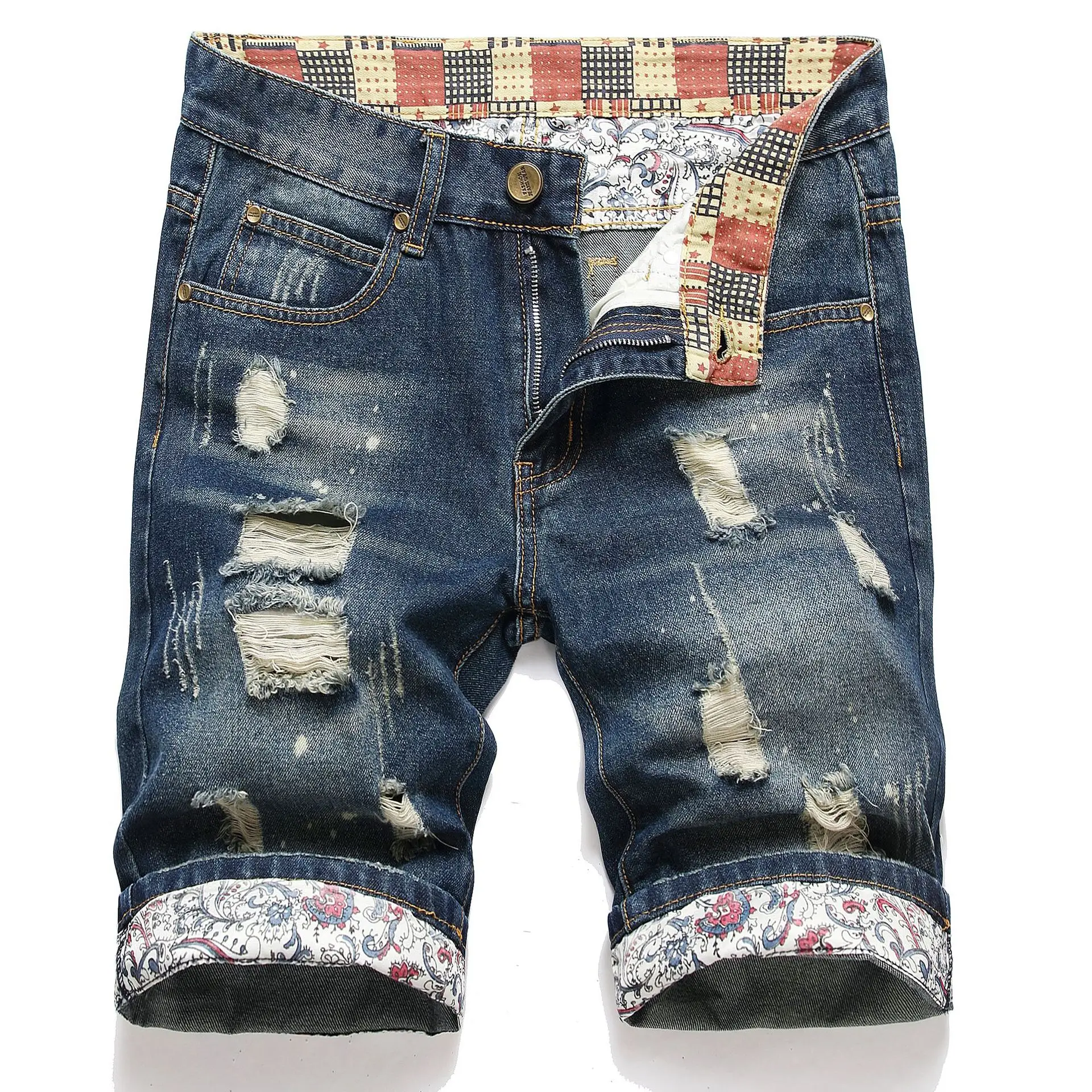 Heren Shorts Jeans Denim Korte Broek Knielengte Broek Gat Splice Zakken Normale Hoge Taille Rechte Broek Casual Herfst