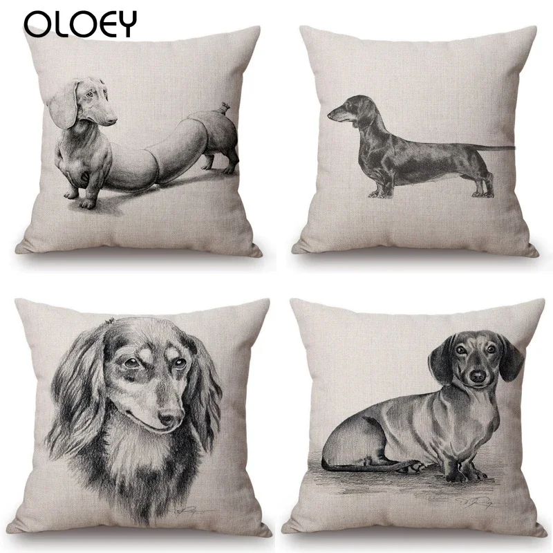 

Black White Sketch Dachshund Dog Print Suqare Pillowcase Decorative Cushion For Sofa Home Decor Sausage Nordic Cushion Cover