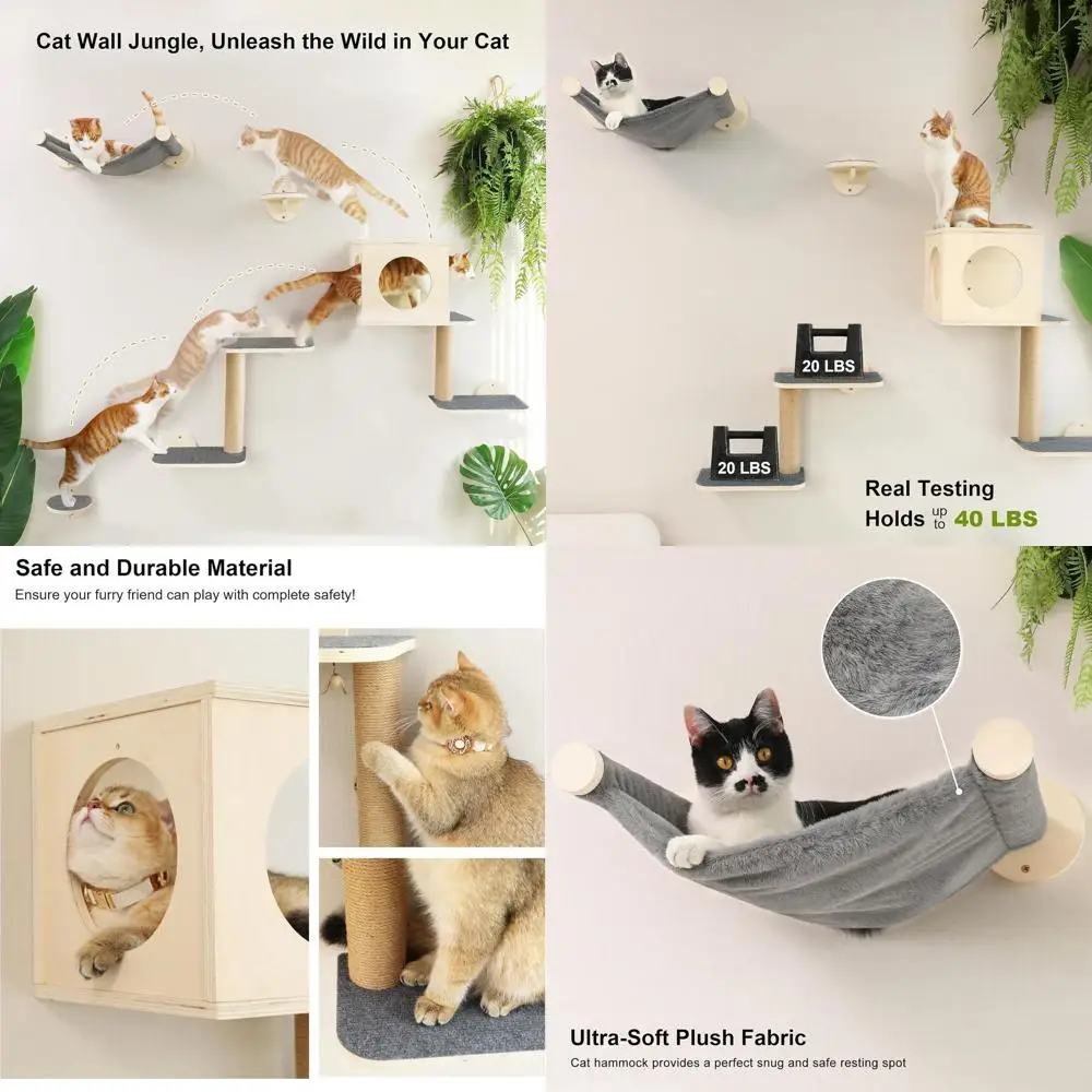 

5-Piece Wooden Wall-Mounted Cat Furniture Set with Hammock, Climber, House, Steps, and Scratching Post (Gray)