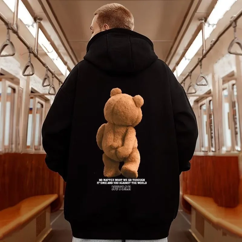 Autumn Funny Kawaii Bear Graphic Printed Pullover Hoodies Men Hip Hop Streetwear Pocket Hooded Sweatshirts Y2K Vintage Hoodie