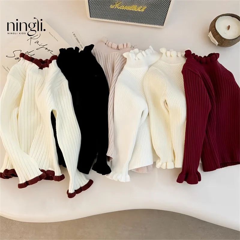 Girls' base sweater autumn and winter new baby knitted sweater foreign style fungus edge middle collar children's inner top