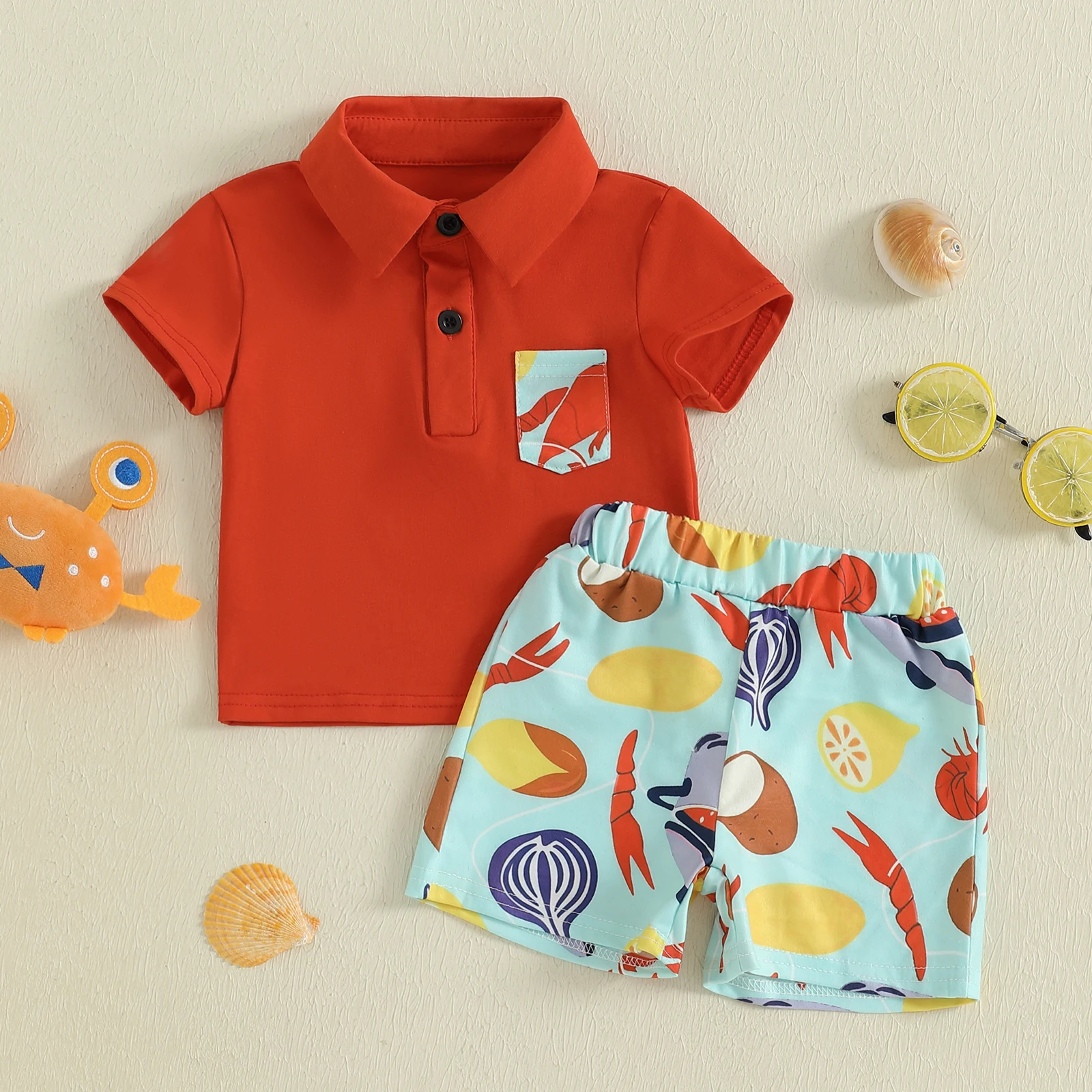 

Lioraitiin Toddler Boys Summer Outfits Turn Down Collar Pocket Short Sleeve Tops Lobster Print Elastic Waist Shorts Clothes Set
