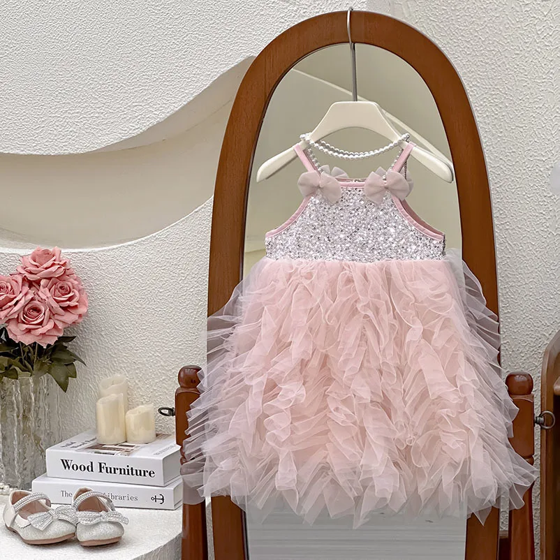 

Girls' dress 2025 summer new style children's stylish summer dress, fluffy princess dress, sequined birthday dress dress dress