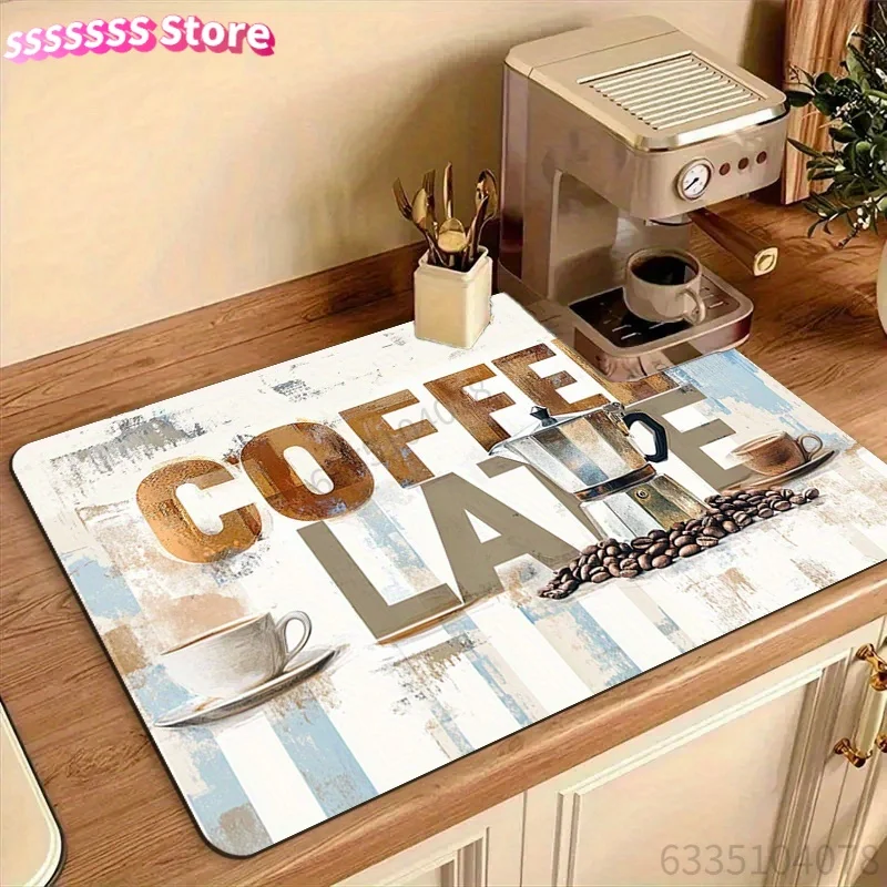Distressed Art Quick-Dry Non-Slip Coffee Mat - Absorbent Countertop Protector with Coffee Utensil Elements, Compatible with Vint