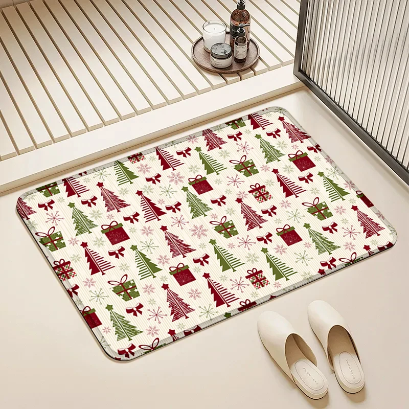 

Christmas Gift Tree Print Door Mat Non-Slip Absorbent Floor Rug for Home Holiday Entrance Decor