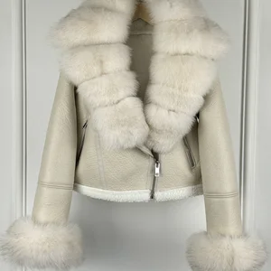 Lagabogy-Jacket Real Fox Fur Collar الشتاء سميك جلد صناعي للنساء سحاب طية صدر السترة قصير PU معطف دراجة دافئة للدراجات النارية 2022 أعلى 8 مبيعات معطف فرو الثعلب الحقيقي - رقم 6