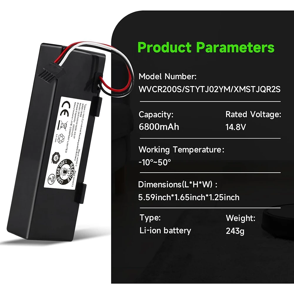 

14.8V 6800mAh Replacement Battery for Wyze 200S WVCR200S Vacuum for Xiaomi Mop Pro Mop P Mop 2S STYTJ02YM