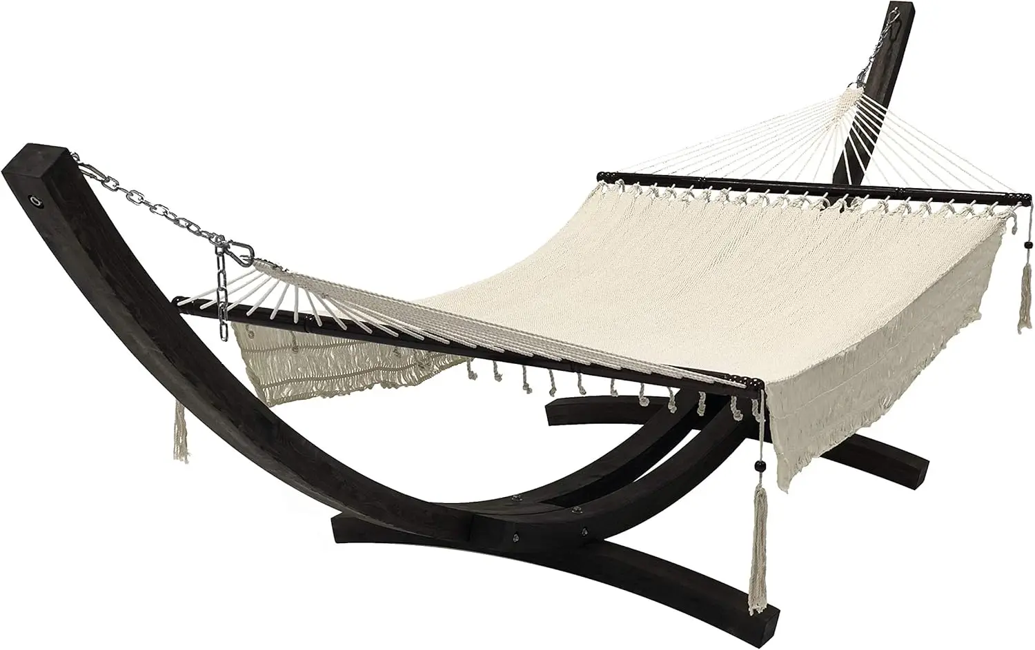 Wooden Arc Hammock Stand + Deluxe Hand Woven Bohemian Chic Rope Hammock Bed. 2 Person Bed. 450 LB Capacity(Coffee Stain/W