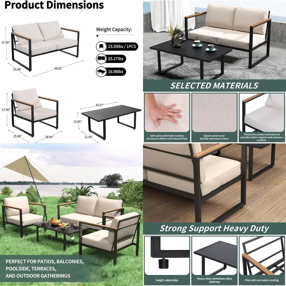 

Комплект садовой мебели из 4 предметов: черный металлический диван-софа, 2 кресла, журнальный столик и бежевые подушки для улицы