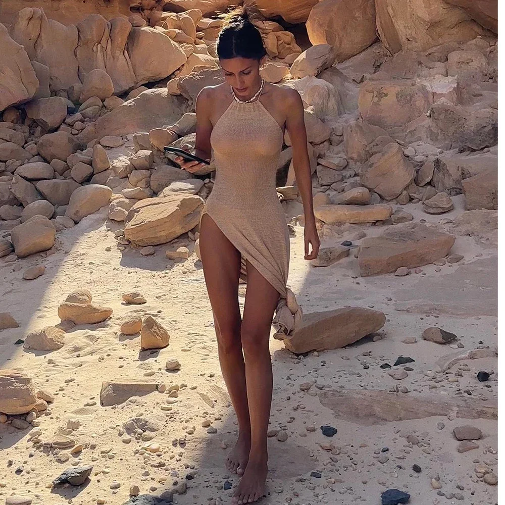 Knitted Cover Up Beach Dress Sexy See Through Slit Bodycon Summer Dress Bikinis Cover-ups  Elegant Halter Beachdress