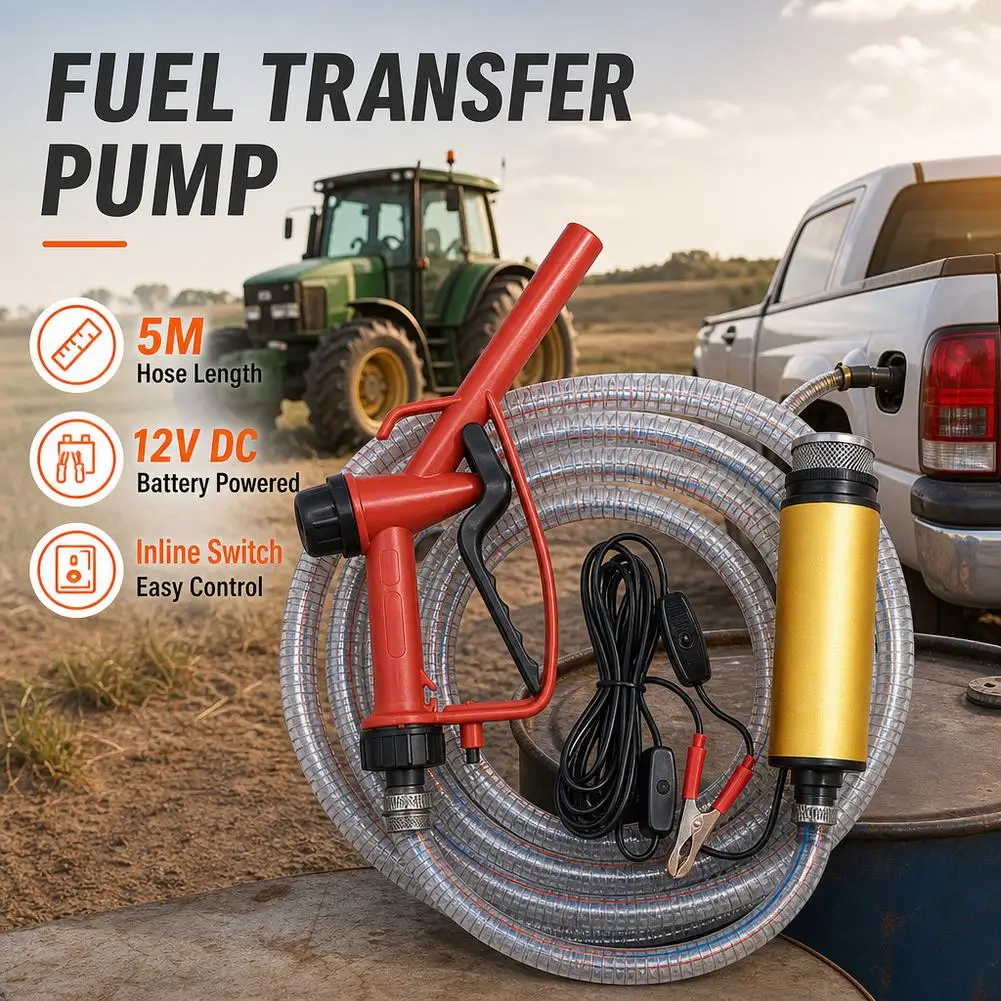 12V Fuel Transfer Pump 5M Hose 51mm Diesel Oil Submersible Electric Refueling Gun Tractor Truck Car Extractor Water Kerosene Set