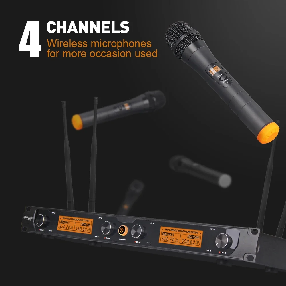 Debra Audio D-240 4-канальная беспроводная микрофонная система UHF с ручной гарнитурой Петличный микрофон для караоке-презентаций