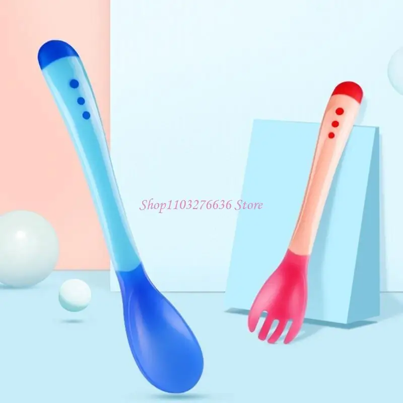 R6FD Cartoon Spoon Fork Set Temperature Sensing Feeding Tableware Eat Training