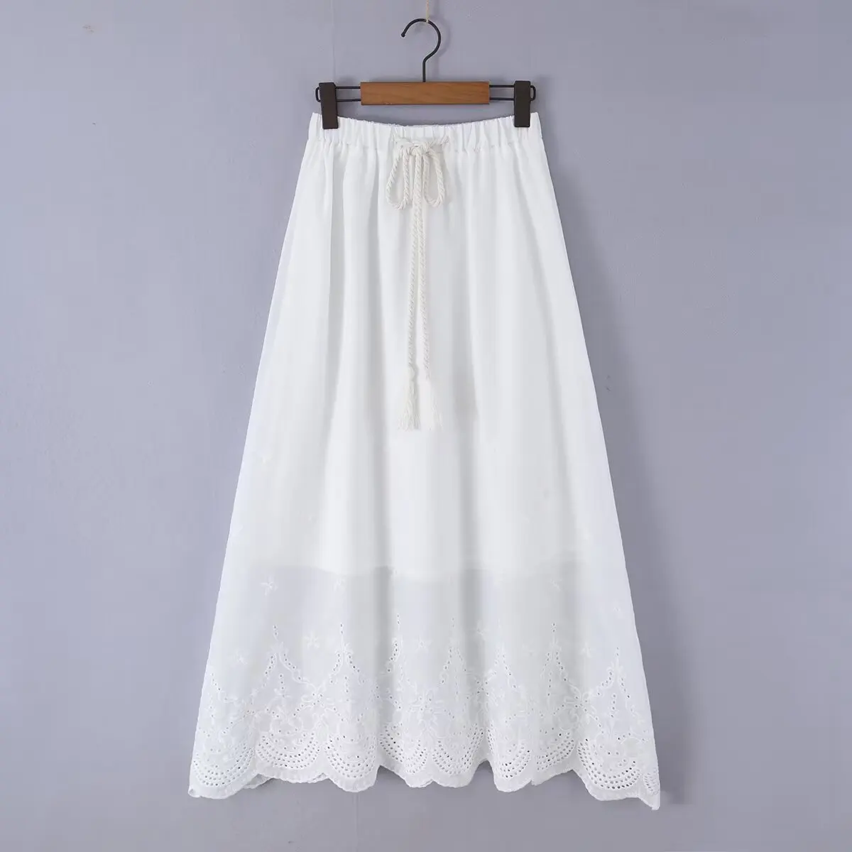Women Holiday White Embroidery Hollow Out Hole Flower Elastic Waist Ankle Length Long Skirt Wave edged Asymmetry A-lined Skirts
