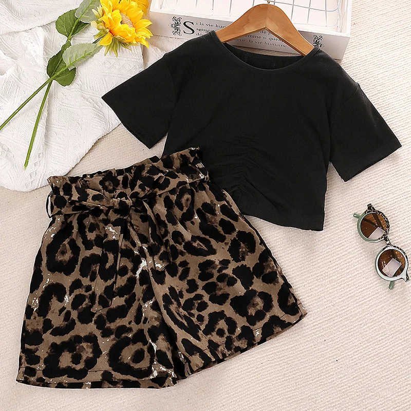 Girls Sets 5-12 Years Girls Black Short Sleeve + Leopard Print Shorts Stylish Girls Casual Vacation Suits