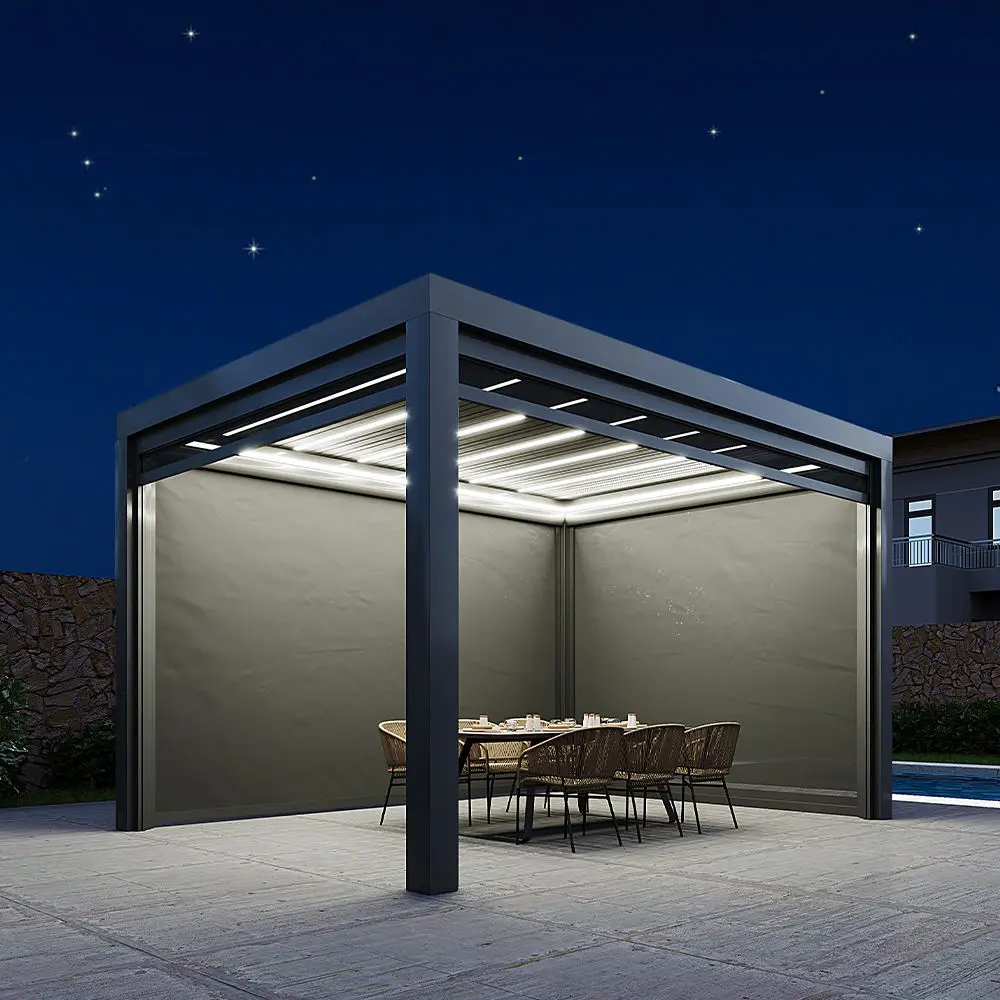 Biological Climate Aluminum Alloy Heavy Duty Outdoor Pavilion with LED Lights Illumination Pergola Rainproof Garden Gazebo