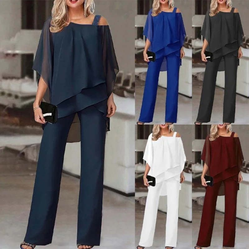 

Women's Off-Shoulder Party Suit Top with Pants Long Sleeve Winter Fashion Set Three-Piece Ensemble Color Splice Style