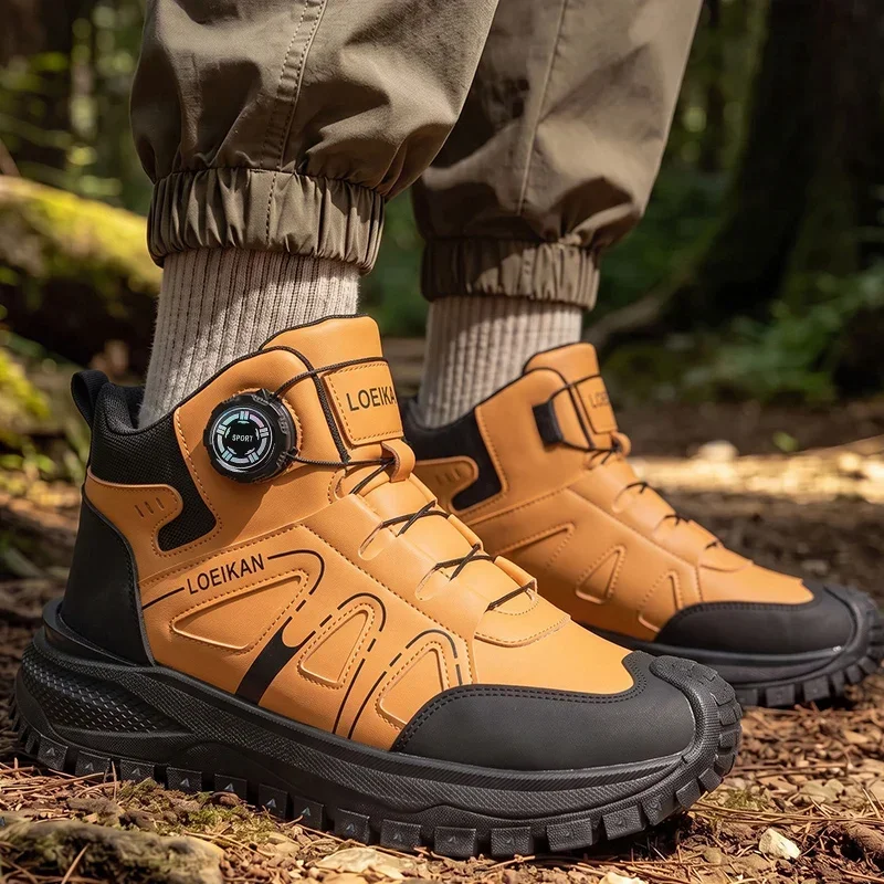 Herren High-Top Stiefel mit Drehverschluss aus PU-Leder, stoßfest, rutschfest, mit dicker Sohle, lässige Herren-Knöchelschuhe – Detail 6
