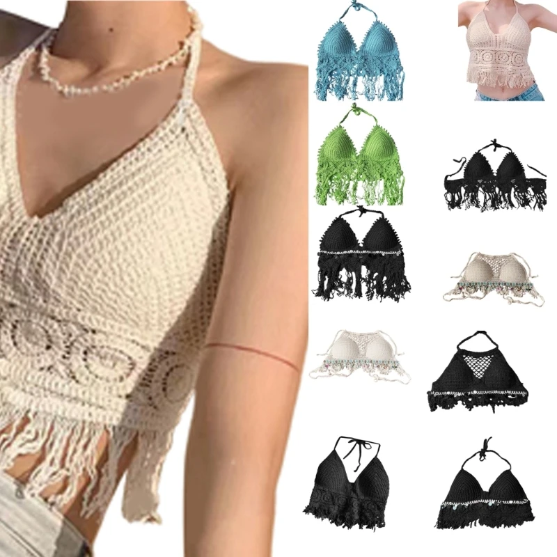 

Womens Hollow Out Crochet Knit Halterneck Backless Camisole Vests Sequins Tassels Beach Vacation Bra Crop Top