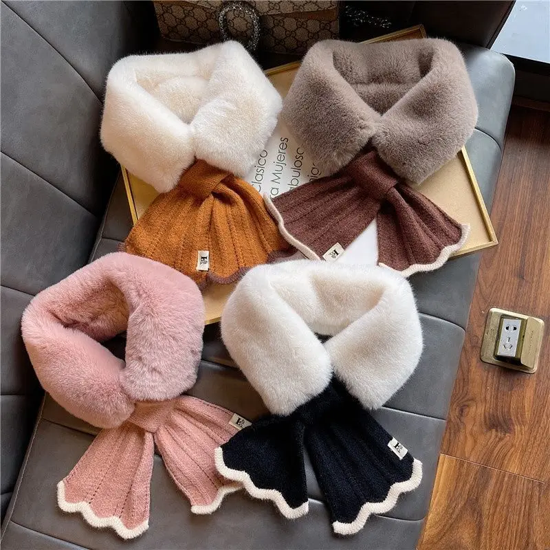 Korean Winter Faux Rabbit Fur Scarf Women Soft Plush Women's Scarf Winter Knitted Neck Collar Neck Warmer Shawl Cross Scarves