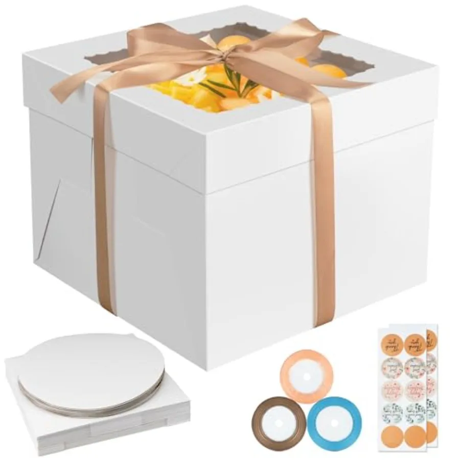 

40PCS Cake Boxes with Boards - 10 Inch Cake Boxes with Window 20 Boxes and 20 Boards Includes Ribbons and Stickers 10x10x8 Inch