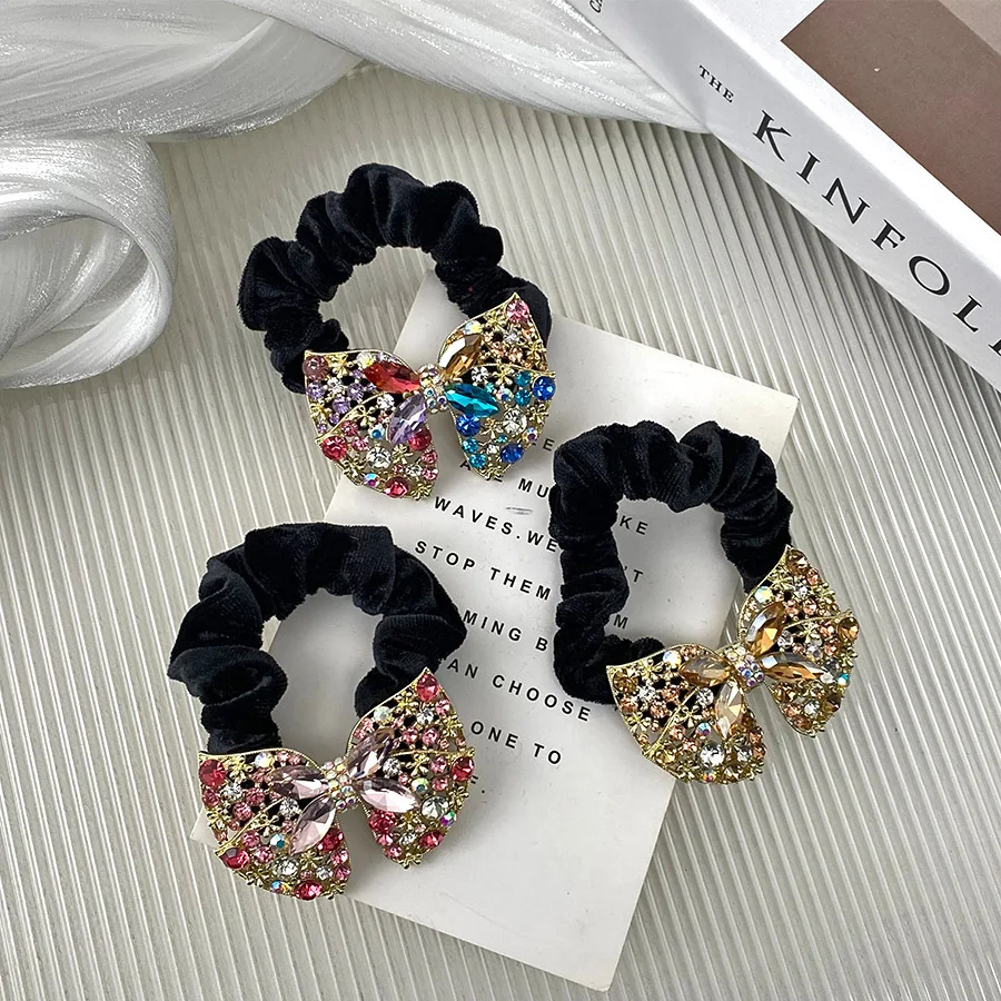 Shiny Cute Crystal Butterfly Elastic Hair Bands for Girls Baroque Colored Rhinestone Stone Butterfly Wings Hair Tie Headbands