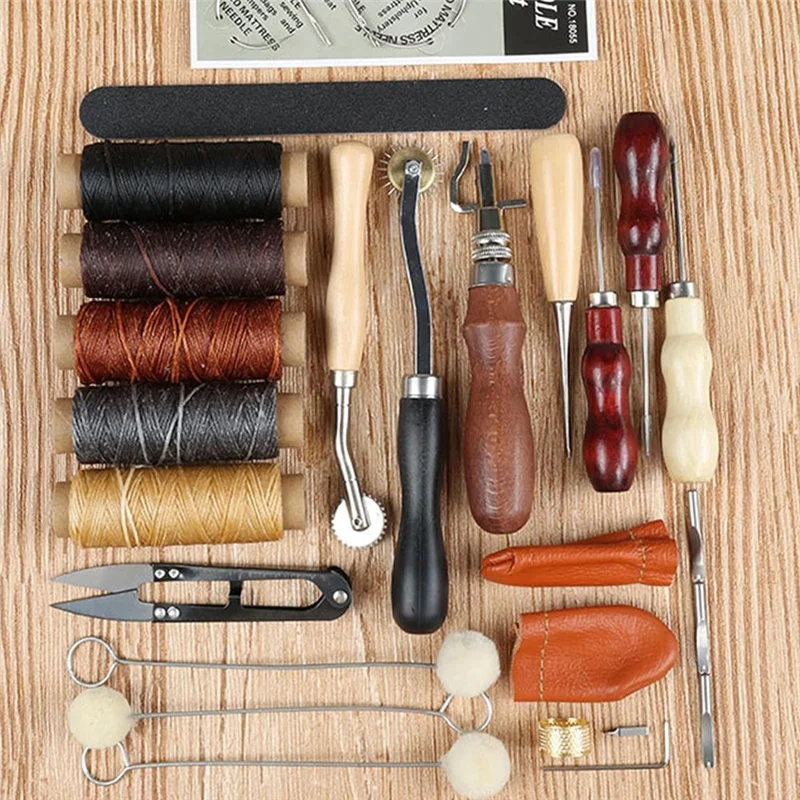 Set di strumenti manuali per l'artigianato in pelle altamente raccomandato per cucito, stampaggio, intaglio, opere d'arte in pelle, kit di strumenti per la lavorazione della pelle