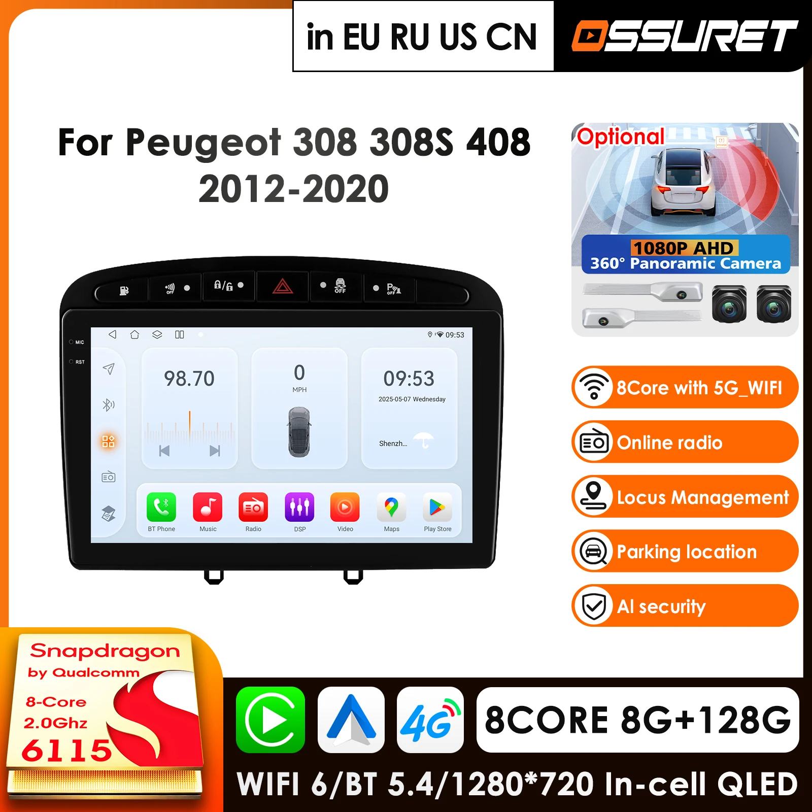 

9inch QLED Screen Android 14 Car Radio Multimedia Video Player for Peugeot 408 Peugeot 308 308SW GPS Navi Carplay Auto 4G RDS AI