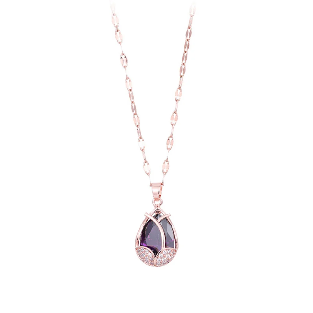 

1pc Purple Zircon Necklace Pendant Birthstone Titanium Steel Creative Exquisite Decorative Chain Long Lasting Durable Fashion