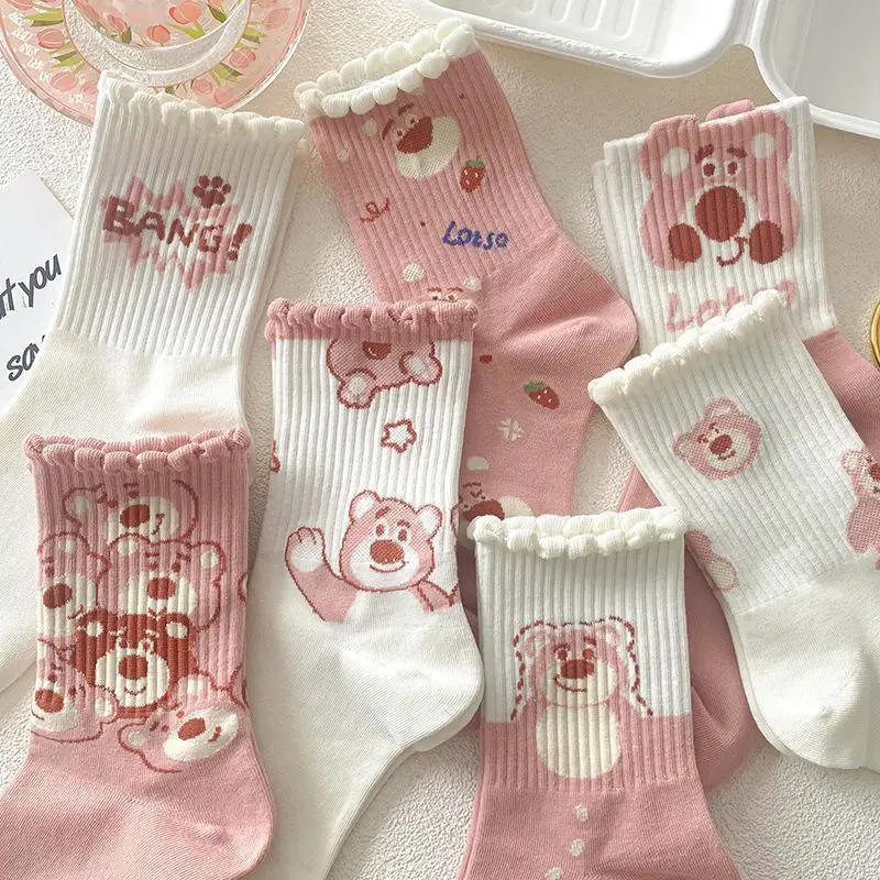 5/10 Pairs Fashion Women's Strawberry Bear Socks Thin Medium Cap Socks Trendy Socks Versatile Cartoon Women's High Quality Socks