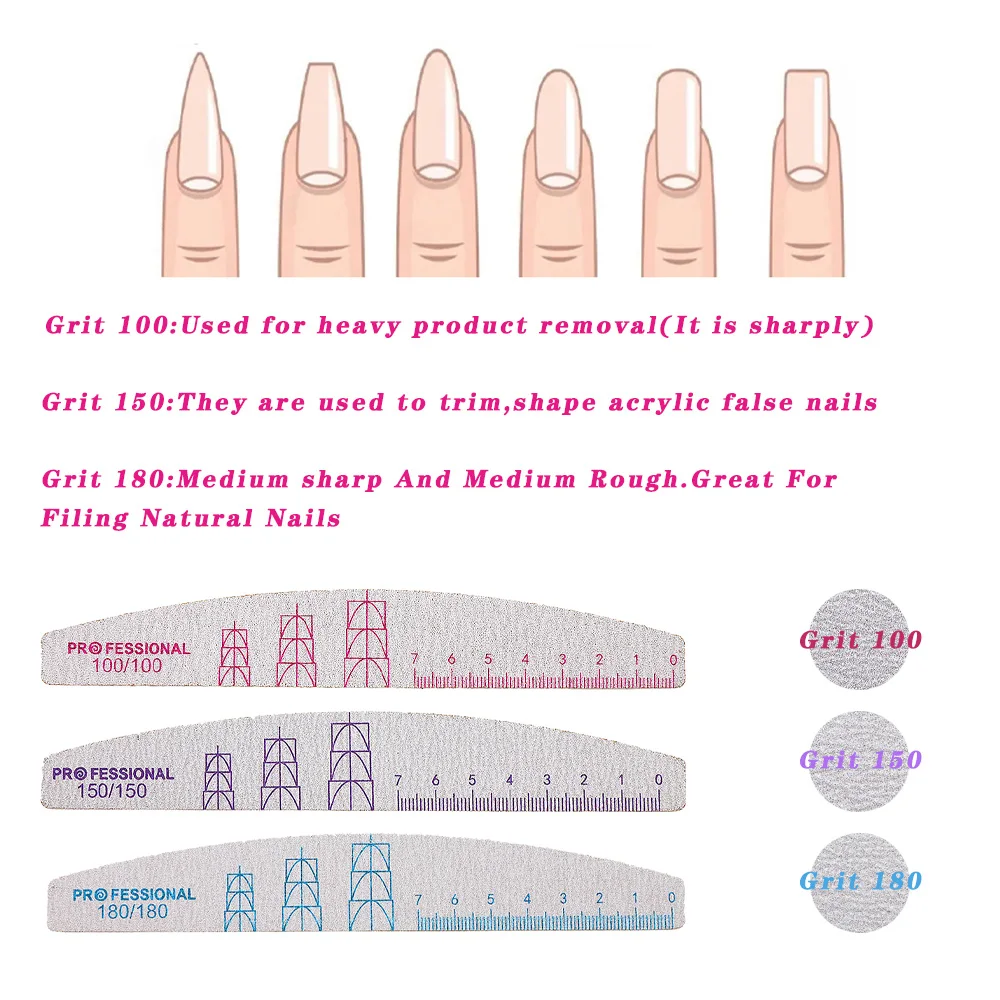 5Pcs Nail Files 100 150 180 240 Grit Grey Sandpaper Professional Emery Board Halfmoon Buffer File Nail Stylist Supplies Manicure