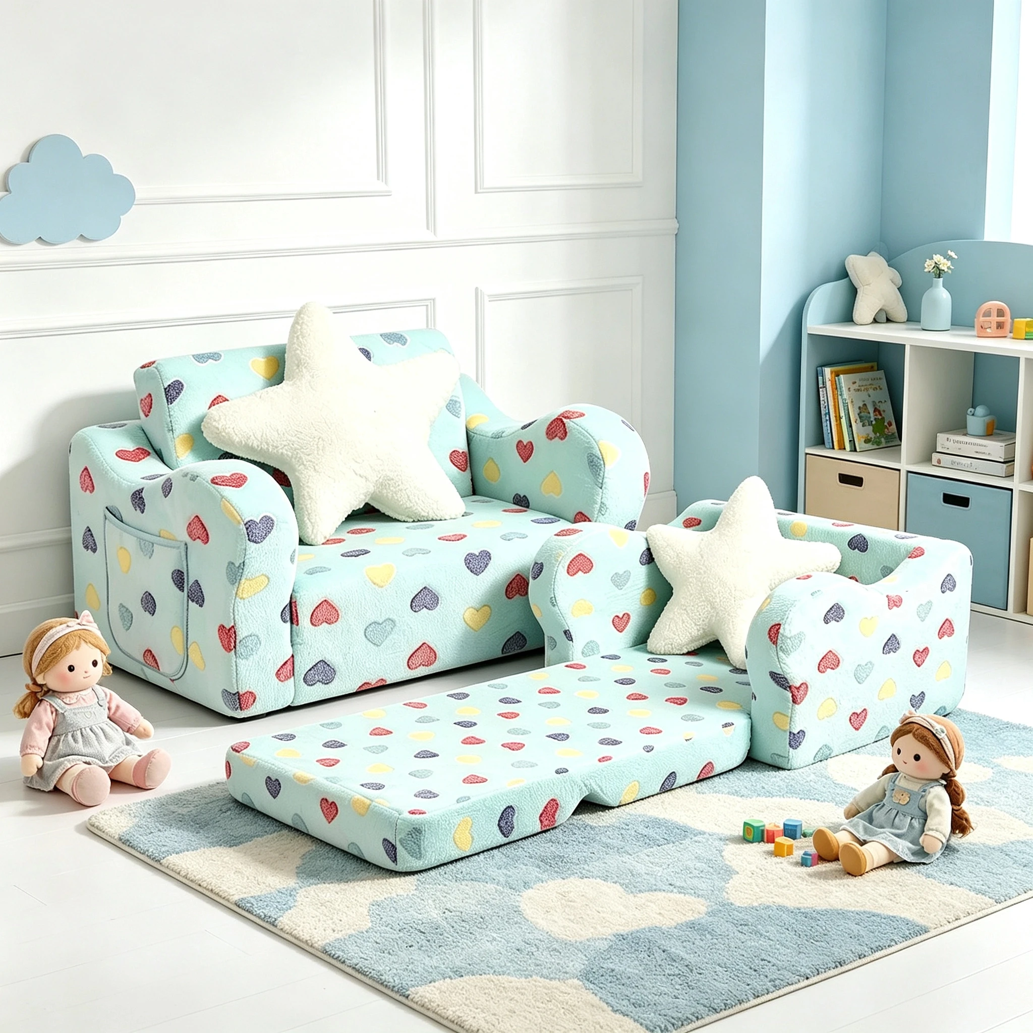 2-in-1-kids-soft-folding-sofa-bed-with-star-pillow-high-density-sponge-colorful-heart-pattern-factory-wholesale