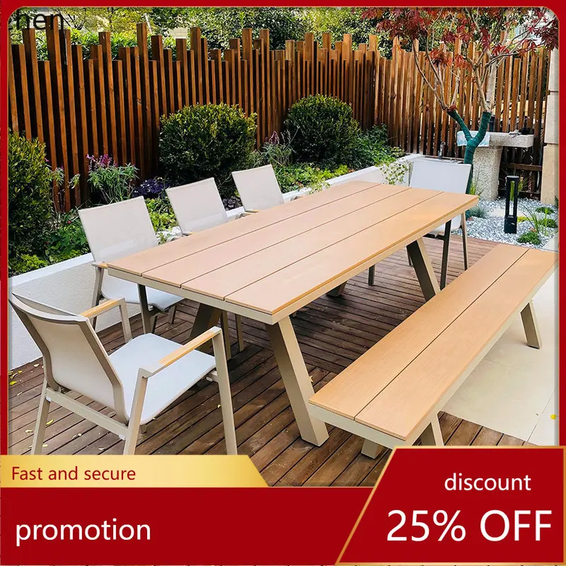 

Комплект уличной мебели YFY: стол и стулья из дерева и алюминиевого сплава для виллы и сада, высококачественная комбинация из дерева и пластика