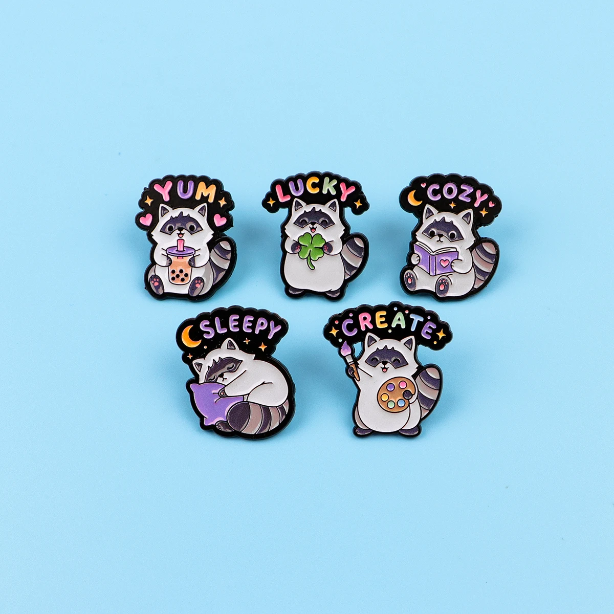 5PCS Cute Cartoon Raccoon Brooches for Clothing Women Lapel Pins for Backpack Enamel Pin Metal Badges Jewelry Accessories