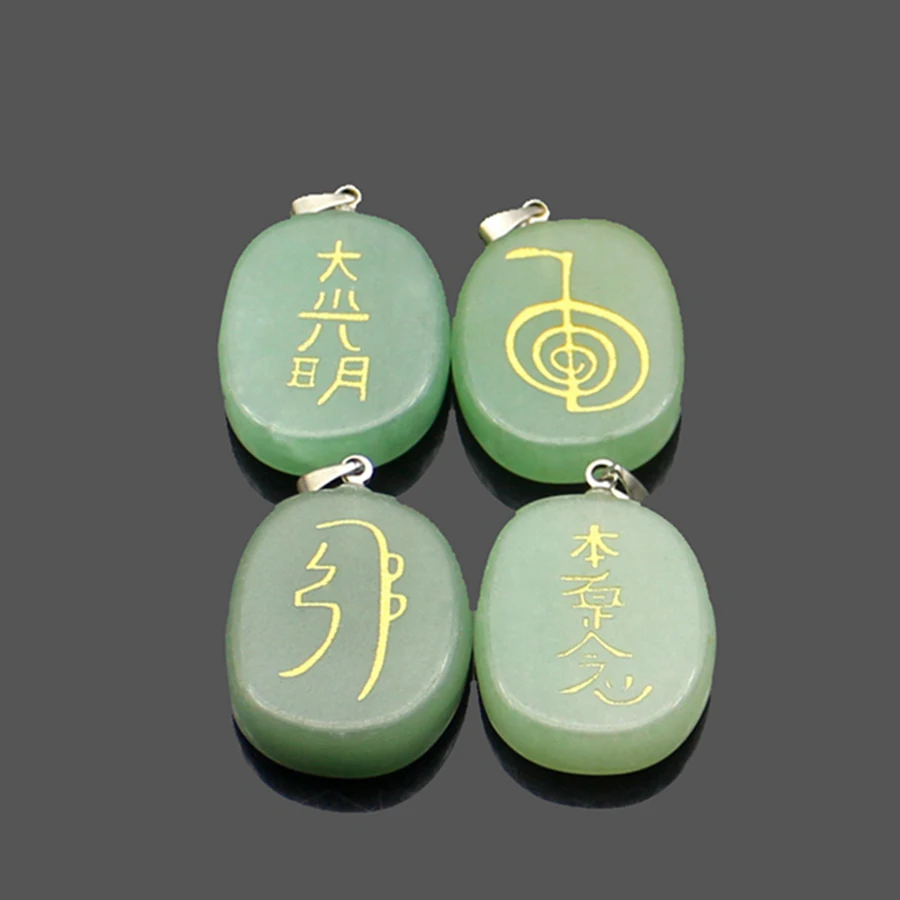 Natural Green Aventurine Reiki Amulet Pendulum Healing Master Prop Chakra Four Element Symbol Energy Stone Pendant Necklace