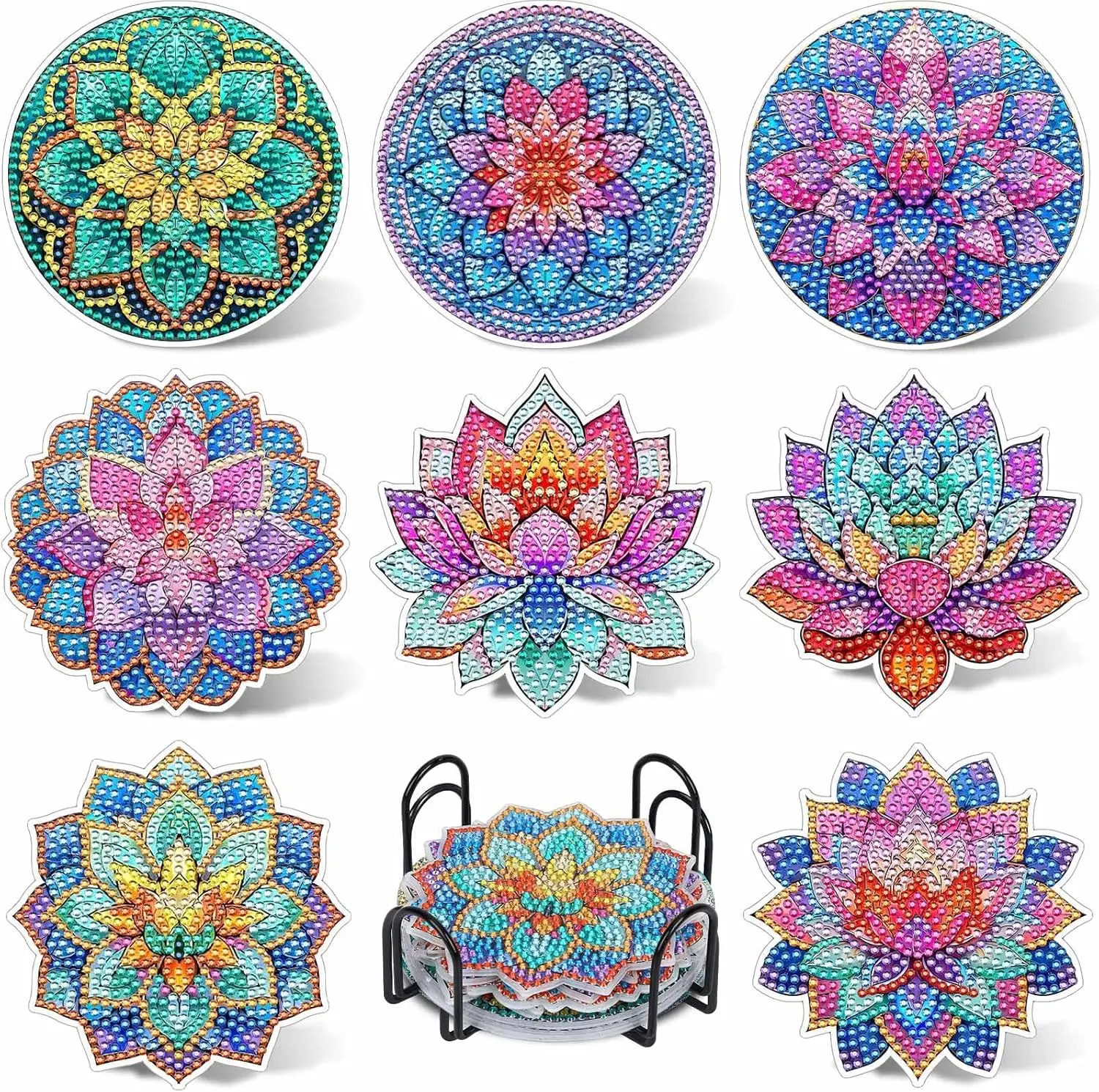

8Pcs Lotus Diamond Art Painting Coasters Kits with Holder, Diamond Art Non Slip Coaster Kits DIY with Holder Crafts for Adults D