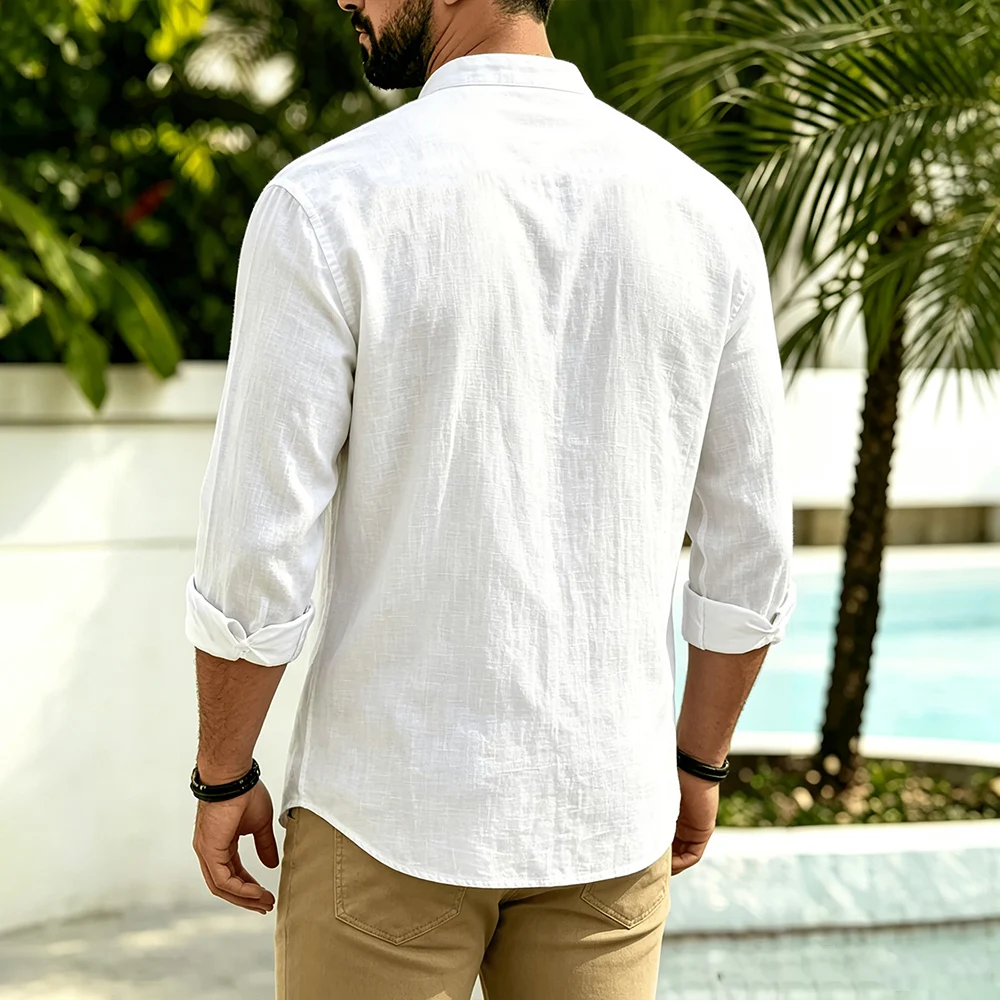 Men's Shirt Cotton Linen Lightweight Breathable Solid Color Henley Neck Fashion Simple Style Casual Long Sleeve Button Shirts