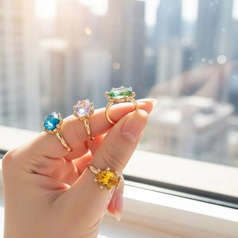 Romantic Geometric Rhinestone Opening Rings for Women Gorgeous Colored Gemstone Jewelry for Engagement Proposal